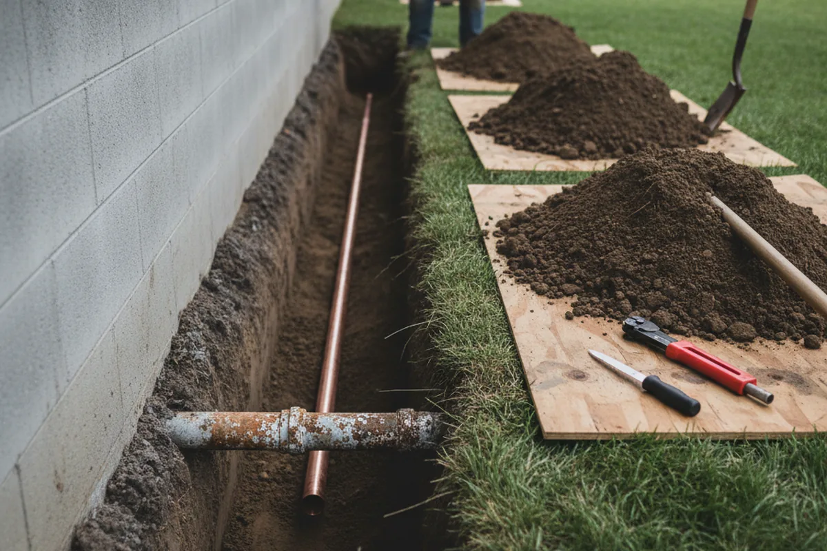 Excavated water line trench during Water Heater Repair in Robbins